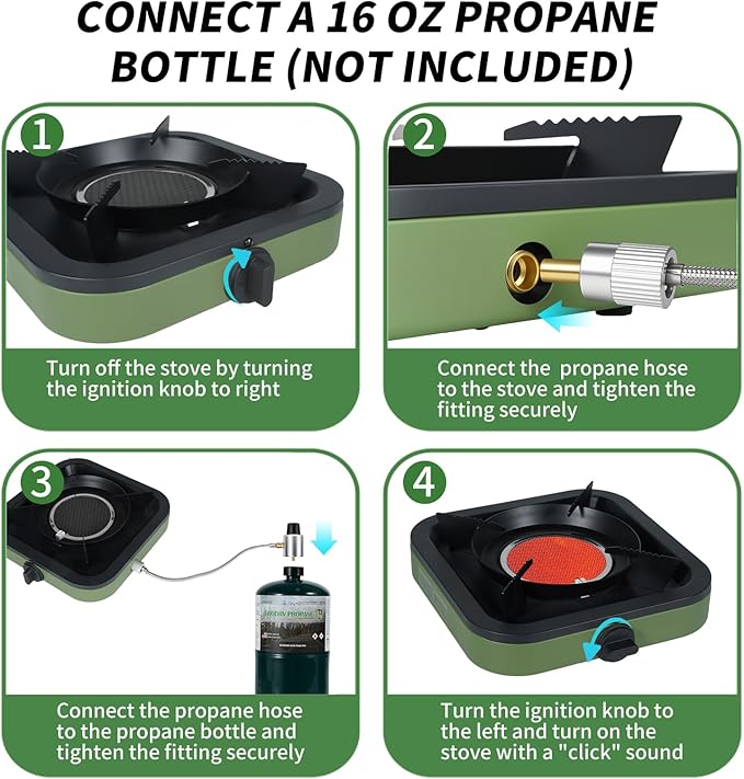 Propane Portable Camping Stove, Single Burner Propane Camp Stove, with Gas Hose, Small Camping Stove, Square Design, Army Green and Black