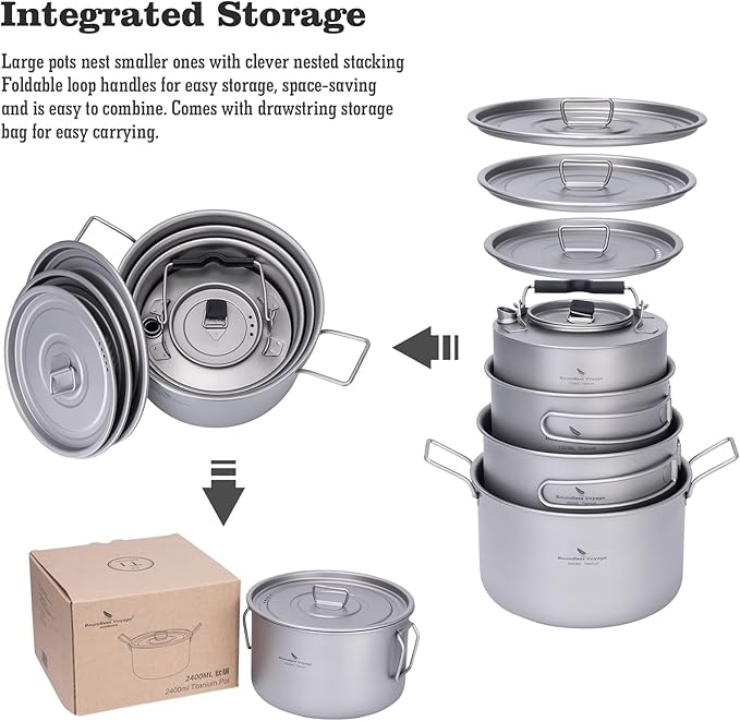 iBasingo 1.2L+1.8L+2.4L Titanium Pots Set with Lid Camping Cookware with Foldable Handle Portable Lightweight Cooking Kit Outdoor Kitchen Cooking Kit for Backpacking Hiking Picnic Fishing Ti2109C