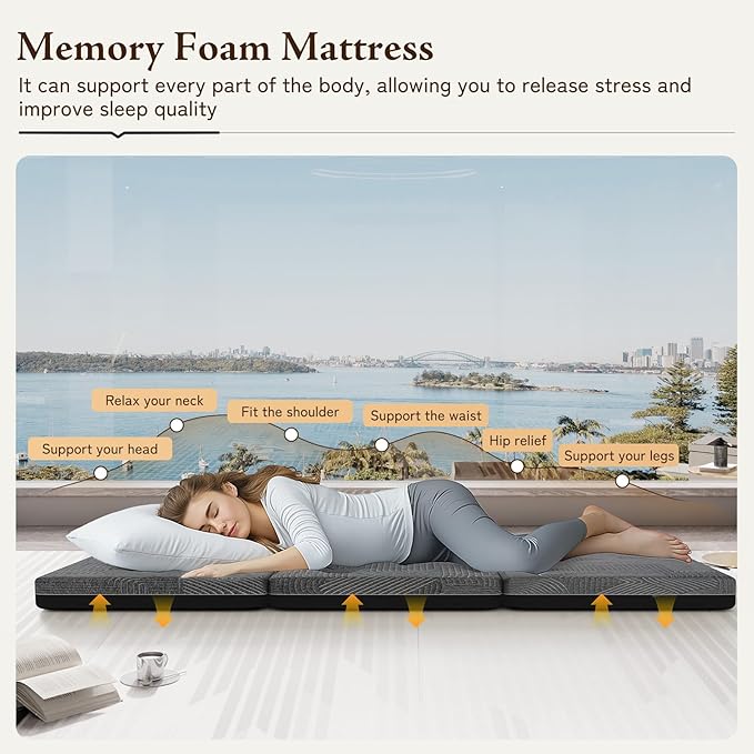 Tri Folding Mattress Single Size - Memory Foam Tri-fold Mattress, Handle & Non-Slip Bottom, Portable Foldable Sofa Bed Floor Mattres Chair for Travel RV Camping Guest Yoga - 4 Inch, 75"x25"x4"