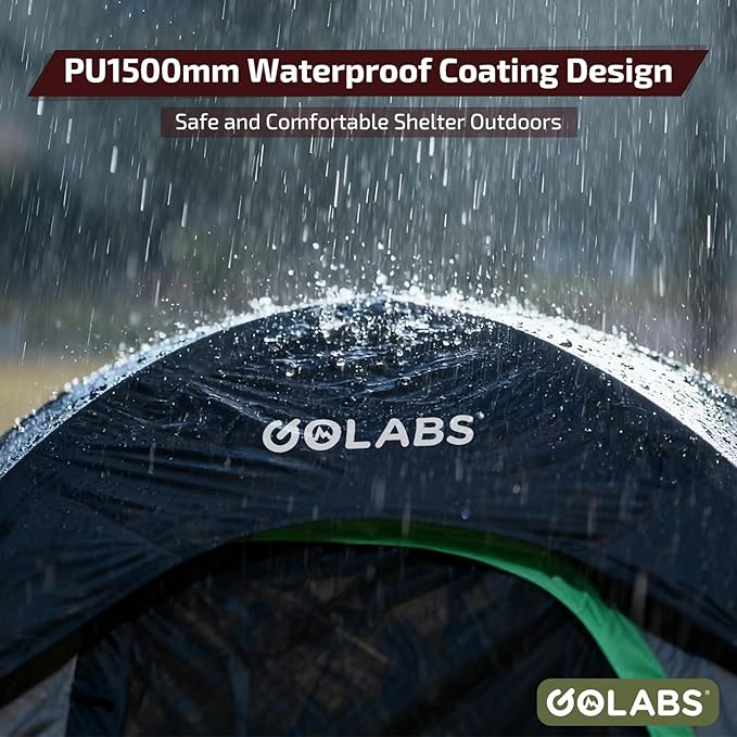 Golabs CT1 2 Person Camping Tent, Easy Set Up in 3 Mins, PU1500mm Waterproof w/Mesh Top & Door with Ventilation, Lightweight 4.4lbs Portable Family Tent with Carry Bag &Interior Storage Pockets &Hook