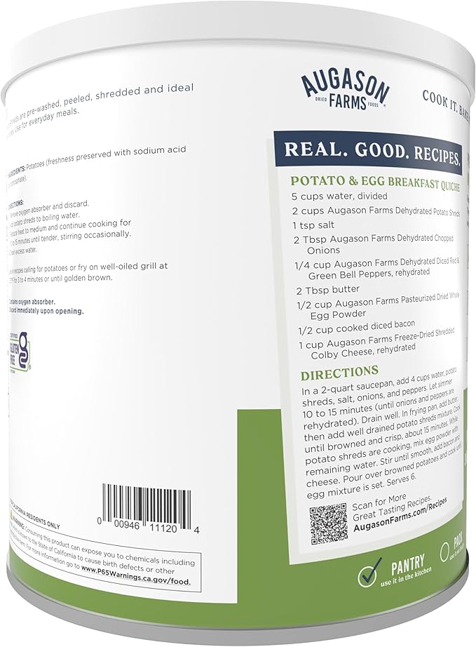 Augason Farms Dehydrated Potato Shreds Can - Gluten Free Dehydrated Survival Food with Long Shelf Life - Emergency Food Supply for Camping, Prep & Everyday Meals - 31 Servings