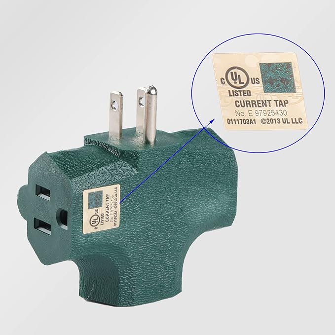 3 Outlet Adapter [UL Listed] 3 Way Outlet Splitter - 3 T-Shaped Adapter Outdoor Power Splitter Grounded Wall Tap Adapter Heavy Duty (3, green)