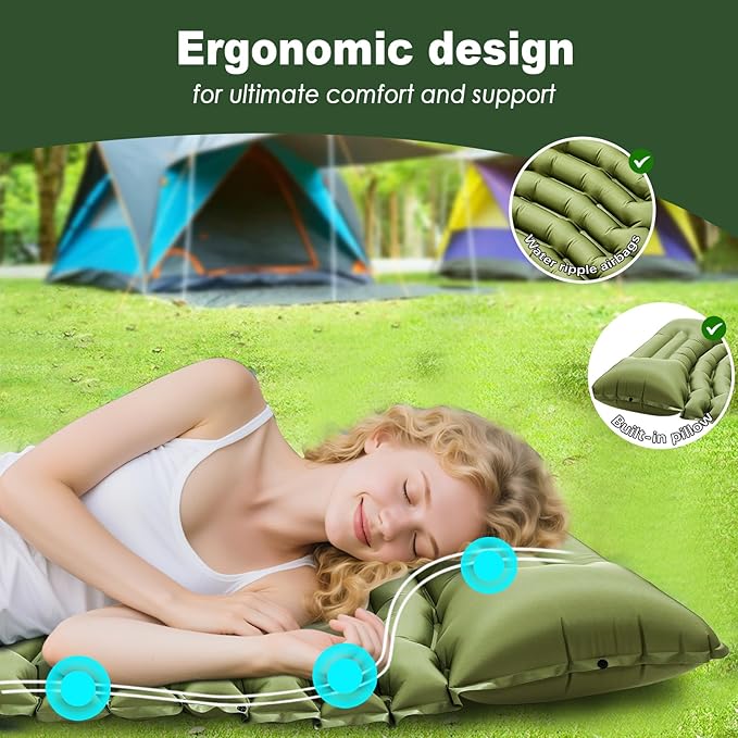 Sleeping Pad for Camping - Ultralight Camping Mattress with Pillow, Built-in Foot Pump, Compact Inflatable Portable Mat for Backpacking, Hiking, Car Traveling, Beach, Tent