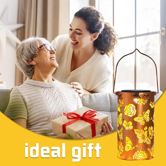 Solar Lanterns Outdoor Waterproof Butterfly Birthday Gifts for Women Mom Grandma Garden Decor Flower Metal Hanging LED Decorative Light for Patio Yard Lawn Backyard Front Porch Gardening Gifts