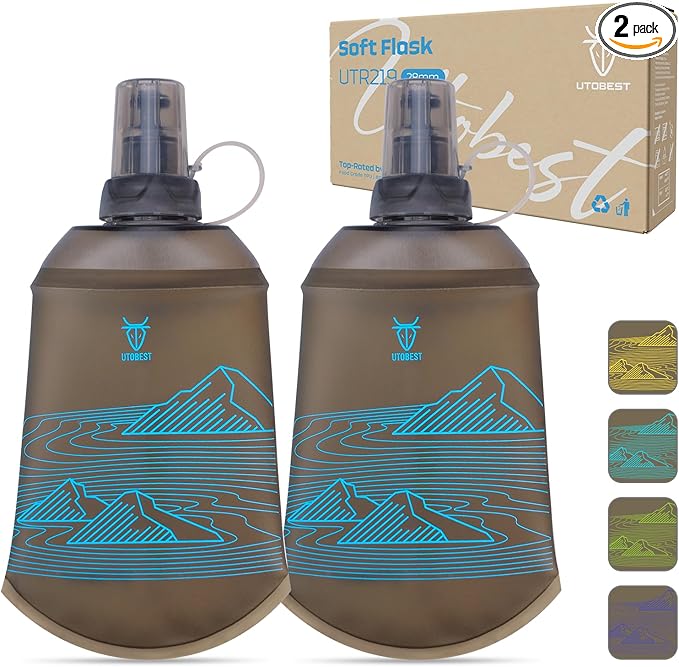 UTOBEST 200ml Soft Flask, 2 Pack Flexible TPU Hydration Water Bottle, Collapsible with 28mm Caliber for Running, Hiking, Cycling, Climbing, and Marathon Blue