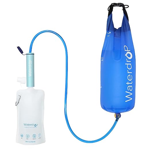 Waterdrop Gravity Water Filter Straw, Camping Water Filtration System, Water Purifier Survival for Travel, Backpacking and Emergency Preparedness, 1.5 gal Bag, 0.1 Micron, Light Blue