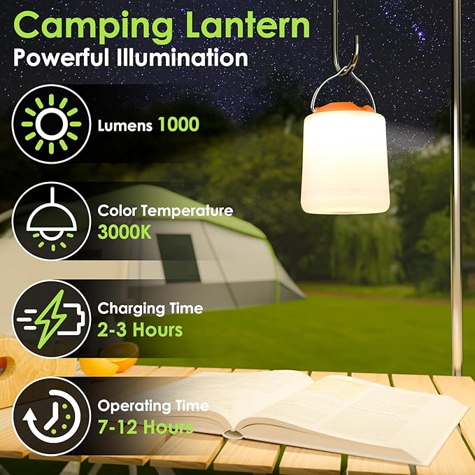 BOBKID LED Camping Lantern, Rechargeable Camping Light, 4 Modes Outdoor Flashlights Lanterns with 1000LM, Water Resistant Portable Emergency Camp Light for Hurricane Hiking Survival Kits - Orange