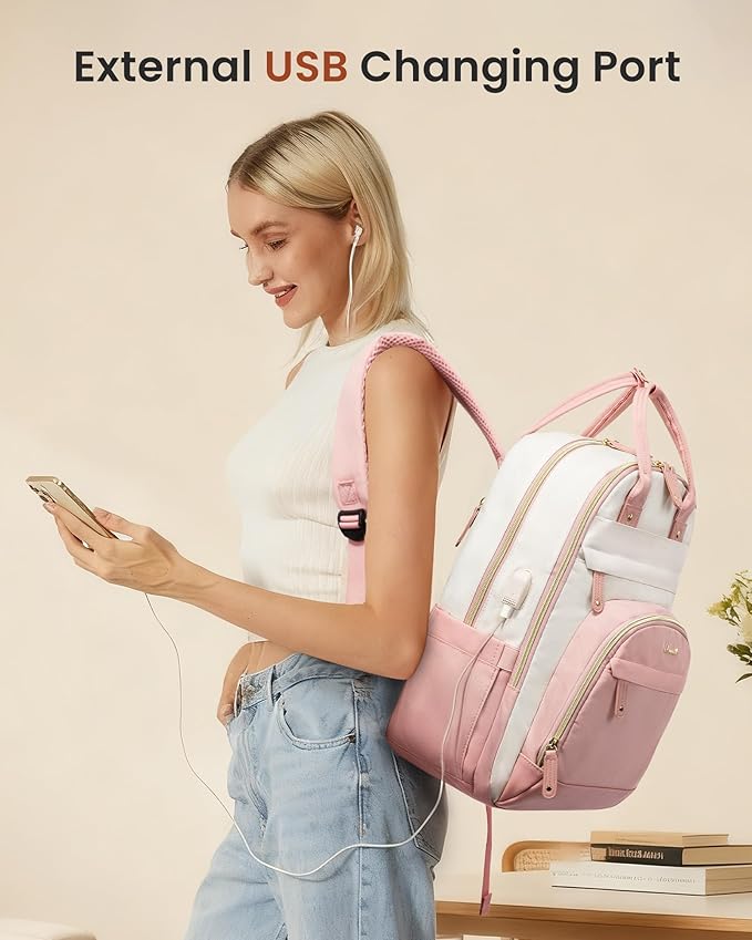 LOVEVOOK Backpack for Women,Laptop Backpack Women,Fits 15.6 Inch Laptop Bag,School Backpacks,Fashion Travel Work Anti-theft Bag,Waterproof Business Computer College Backpack Purse,Beige-Pink-Pink