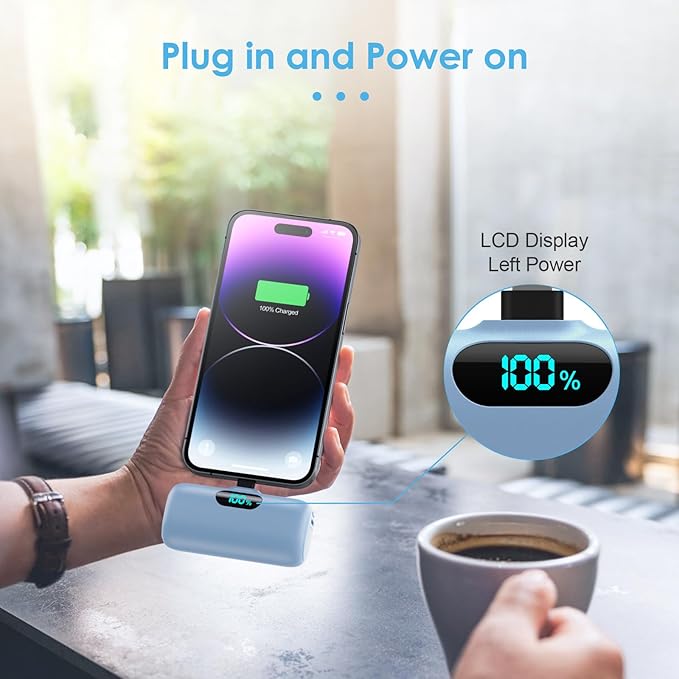 Mini Portable Charger USB C Power Bank,Upgraded 5000mAh PD Fast Charging Battery Pack Built-in USB-C Connector,LCD Display,Compatible with iPhone16,16 Plus,16Pro/Max/15,iPad Pro/Air,Android Phone etc
