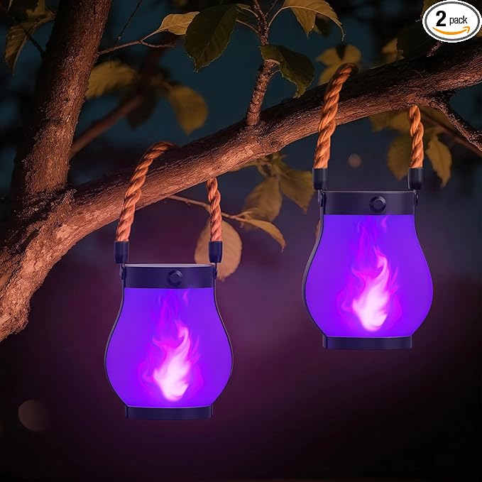 Hompavo Gen2 Solar Lanterns Outdoor Waterproof with Realistic Flickering Flame, Dual Charging (USB/Solar) & 2 Modes - Decorative Hanging/Table Lights for Patio Garden Porch Halloween Decor, 2/Purple