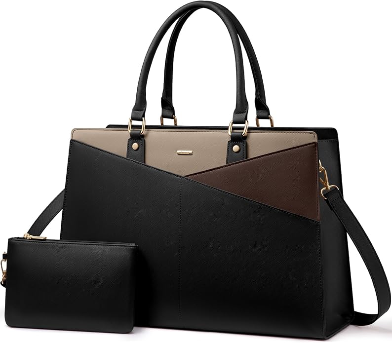 LOVEVOOK Laptop Tote Bag for Women, Leather Business Office Work Bag Computer Briefcase with Small Clutch fit for 15.6 Inch Laptop,Black-Khaki-Coffee