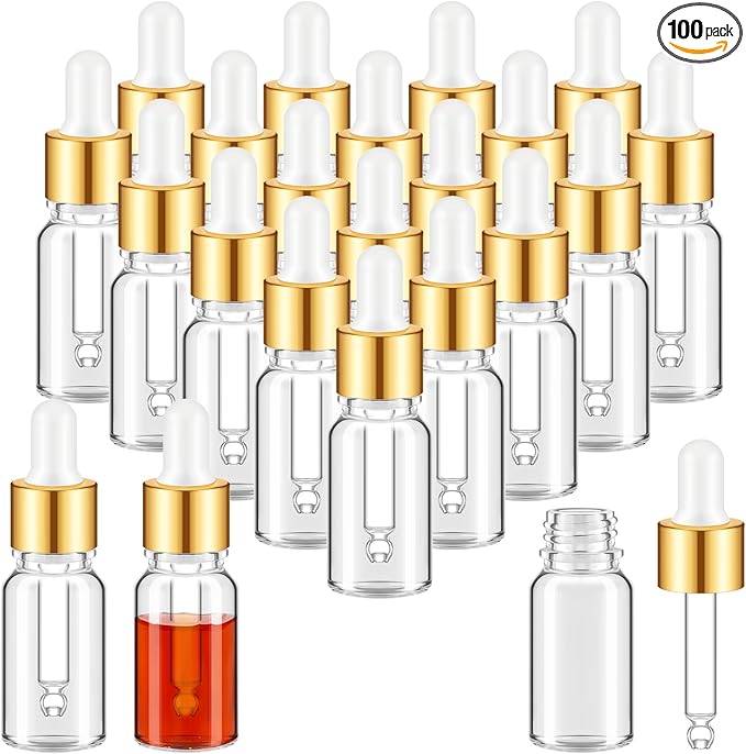 100 Pcs Mini Glass Oil Dropper Bottle Bulk, Clear Essential Small Empty Bottles Sample Containers Perfume Liquid Vials with Cap for Traveling (10 ml,Gold)