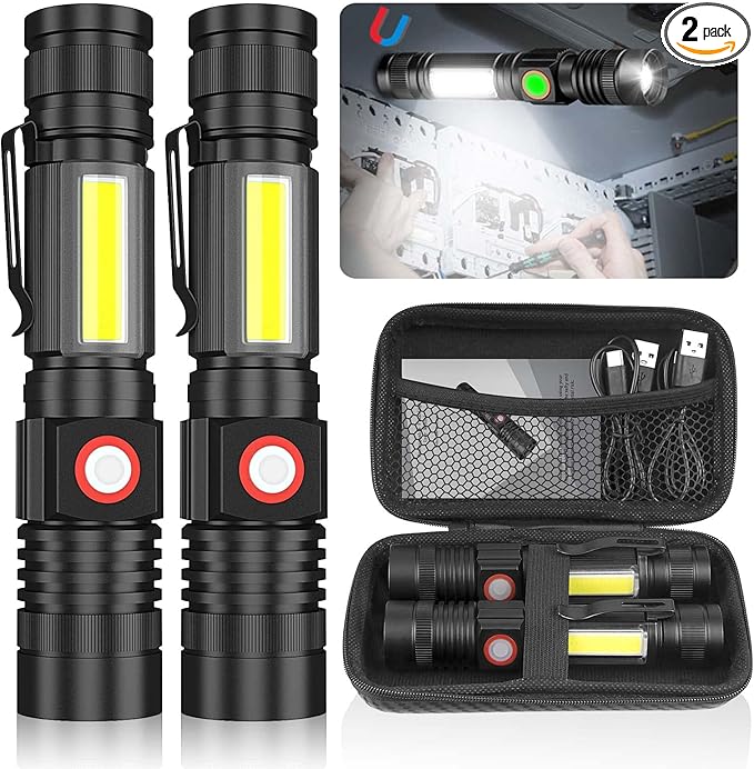Hoxida USB Rechargeable Flashlight, Magnetic LED Flashlight, Super Bright LED Tactical Flashlight with Cob Worklight,Waterproof,Zoomable Best Small LED Flashlight for Camping, Emergency Flashlight