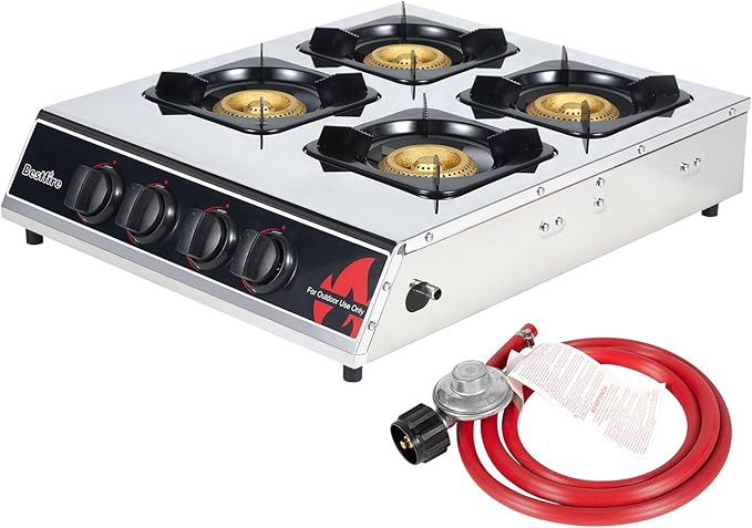 BESTFIRE 4 Burner Propane Gas Stove 40,000 BTU Stainless Steel Cooktop with Enamel Pan Support, Electronic Ignition, Regulator & Hose Included, Portable Gas Stove for Camping, Outdoor Cooking, BBQ