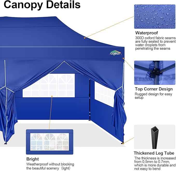 COBIZI 10x20 Pop up Canopy Tent 10x20 Canopy with 6 Sidewalls Waterproof Heavy Duty Commercial Canopy Tent for Parties Outdoor Garden Gazebo, Carry Bag with Wheel(10x20ft, Dark Blue)