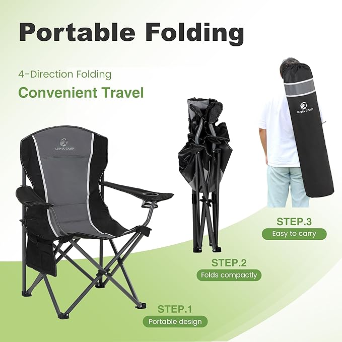 LET'S CAMP Oversized Outdoor Folding Camping Chair, Heavy Duty Arm Chair with Cup Holder and Storage Bag, 350 LBS Weight Capacity, Grey