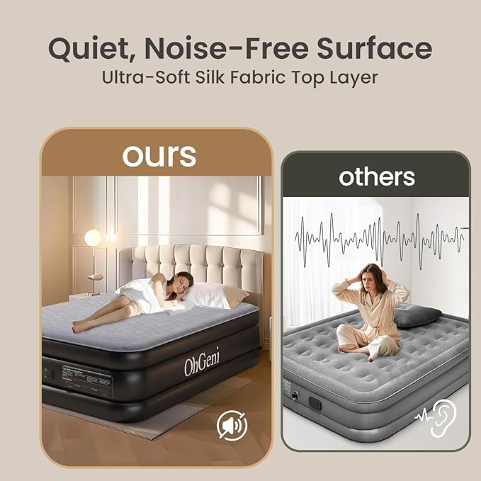 OhGeni 18" Luxury Queen Air Mattress with Built-in Pump, Inflatable Bed with Silk Foam Topper for Superior Comfort, Premium Blow-Up Mattress for Home, Camping & Guest, Easy Setup, Extra Support, Black