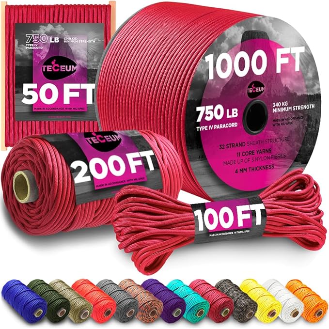 TECEUM 5/32" Paracord Rope 1000 – 1000ft / 200ft / 100ft / 50ft – Tactical Parachute Cord 4mm – 45+ Colors – Nylon String for Survival & Camping Gear – Stripe Cord for Survival – Utility Rope