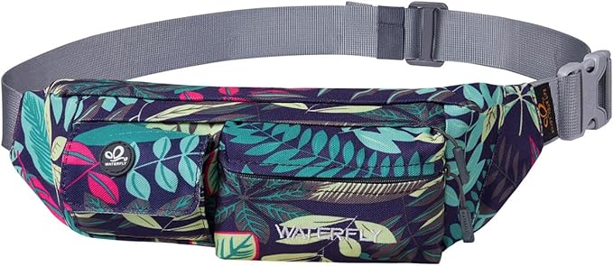 WATERFLY Fanny Pack Slim Soft Polyester Water Resistant Waist Bag for Man Women Carrying iPhone Xs / 8 Plus Samsung S10 Plus/Note 8 (Blue Leaf)
