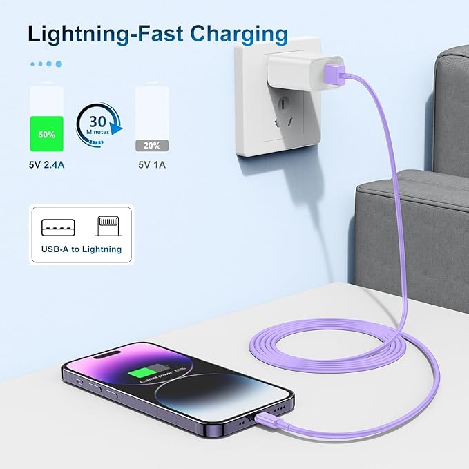 3 Pack Apple MFi Certified Charger Cable 3Ft, Lightning to USB Cable Cord 3 Foot, 2.4A Fast Charging,Apple Phone 3 Feet Long Chargers for iPhone 14/13/12/11/X/XS/XR/SE/8/7/6/5 Plus Pro Max Mini Purple
