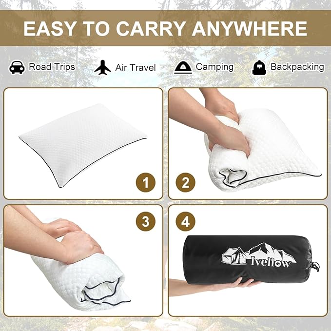 Ivellow Travel Pillow Camping Pillow for Sleeping Small Cooling Shredded Memory Foam Pillow Compressible Compact Medium Firm,Breathable Soft Cover,Outdoor Car Backpacking Hiking Essential Gear White M