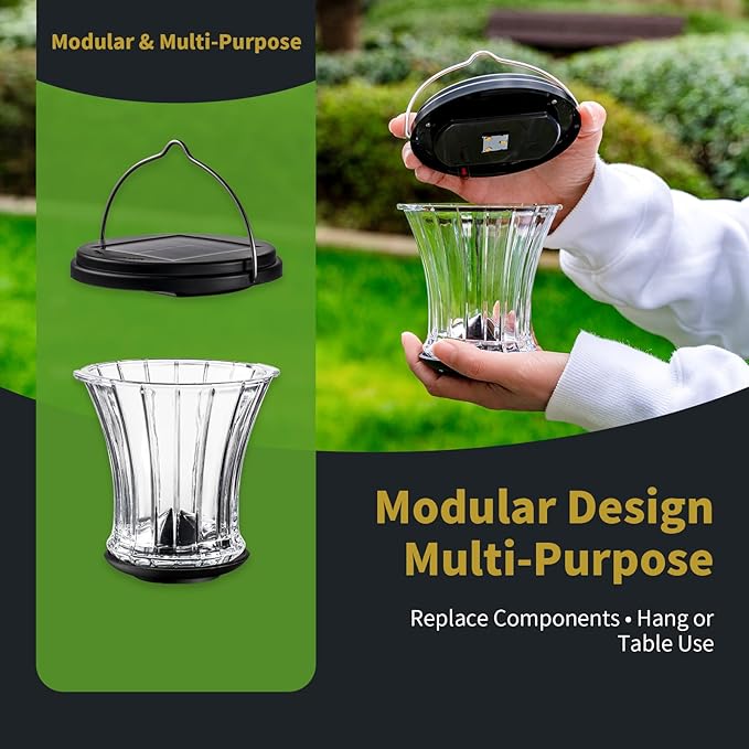 Glass Solar Lantern Outdoor, Waterproof Hanging Solar Lights for Outside with Modular Design, 3000K LED, Auto On/Off Table Lamp for Garden Patio Yard Fence Wall Decorative, Warm White(2 Pack)