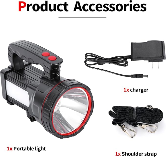 Superbright LED Handheld Searchlight Tactical Waterproof Spotlight High Power Rechargeable Flashlights with Side Light USB Power Charger (White Light)