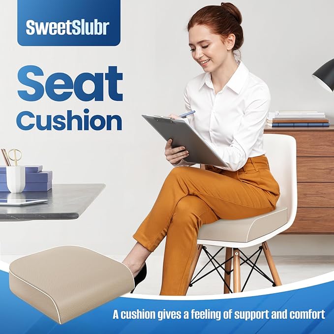 SweetSlubr Seat Cushion for Tailbone Pain Relief, Office Chair Cushion, Memory Foam Large Chair Cushion with Non-Slip Cover for Soft Support at Office Chair, Car Seat, Airplane Beige/Large