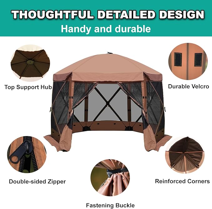10 x 10 FT Pop Up Screen Tent, Portable Outdoor Camping Gazebo with Ground Stakes and Carry Bag, Brown