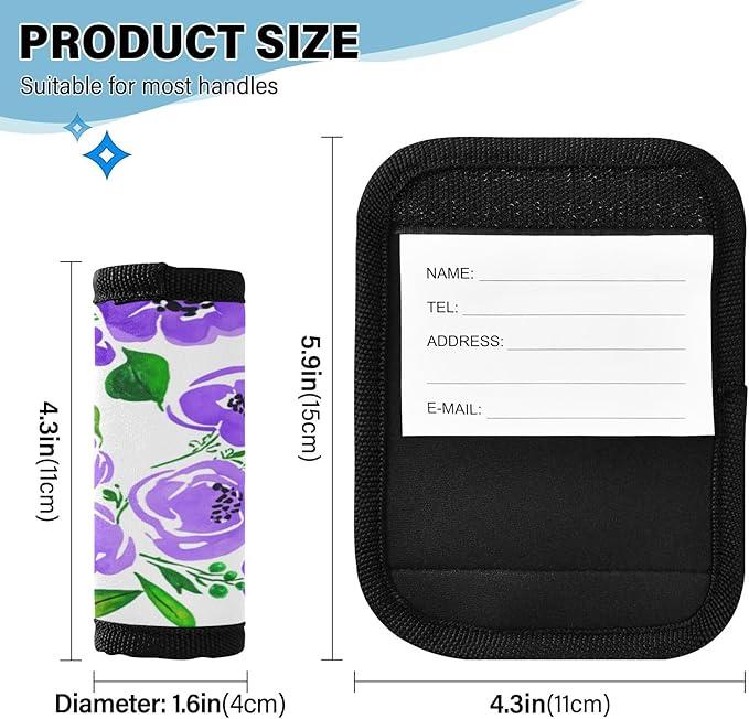 2 Pack Purple Flowers Luggage Handle Wrap, Detachable Luggage Tag, Neoprene Suitcase Wrap with Comfort Grip & Bright Identifier for Suitcase, Travel Bag, Sports Bag