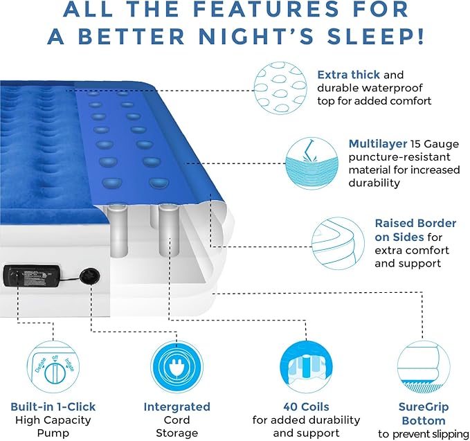 SoundAsleep Products Dream Series Luxury Air Mattress, ComfortCoil Technology, Built-in High Capacity Pump for Home, Camping- Double Height, Adjustable, Inflatable Blow Up, Portable (Queen Size)