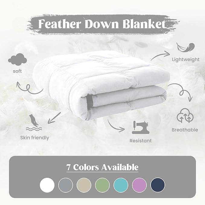 puredown® Queen Size Blanket for Bed, Ultra Soft Lightweight Down & Feather Fill, All Season Blanket, Machine Washable, 88"X90", Pure White