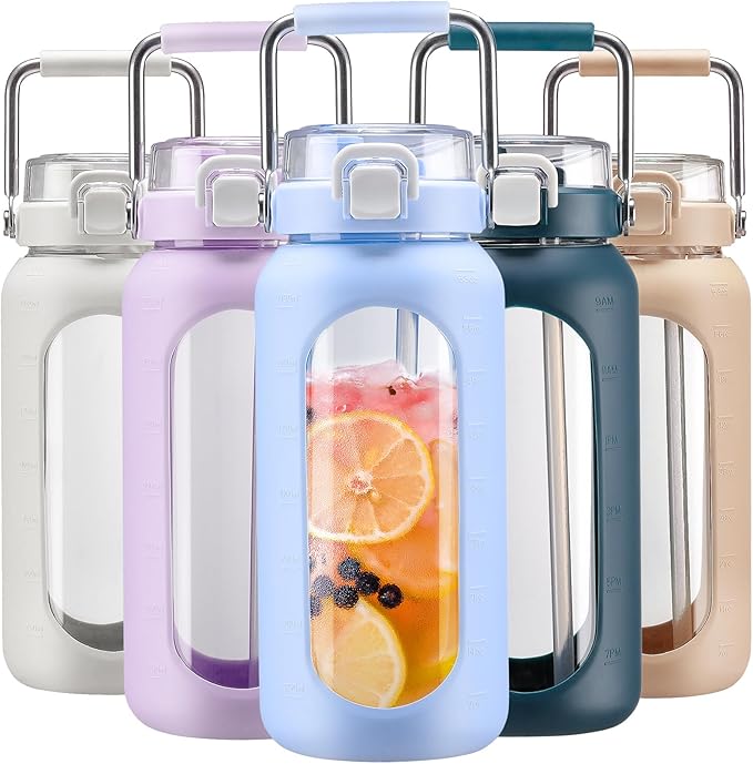 BLUEGO 64oz Water Bottle Glass with Stainless Steel Handle Large Water Bottle with Time Markers and Silicone Sleeve Half Gallon Water Jug BPA Free for Gym Daily Use, Blue