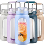 BLUEGO 64oz Water Bottle Glass with Stainless Steel Handle Large Water Bottle with Time Markers and Silicone Sleeve Half Gallon Water Jug BPA Free for Gym Daily Use, Blue