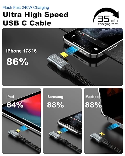 80Gbps Right Angle USB 4 Cable for Thunderbolt 5 Cable 1.6FT, 240W Charging, Up to 120Gbps Bandwidth for 16K/Dual 8K, Braided USB C to USB C Cable for Thunderbolt 4, Macbook Pro, iPhone 17, SSD