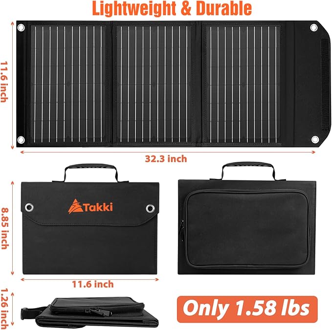Takki 30W Solar Panel, Foldable Solar Panel Battery Charger Kit with USB DC Type-C Ports for Phones Laptop Portable Power Station Generator Camping Tent Home Off-Grid RV Outdoor, 10 Connectors