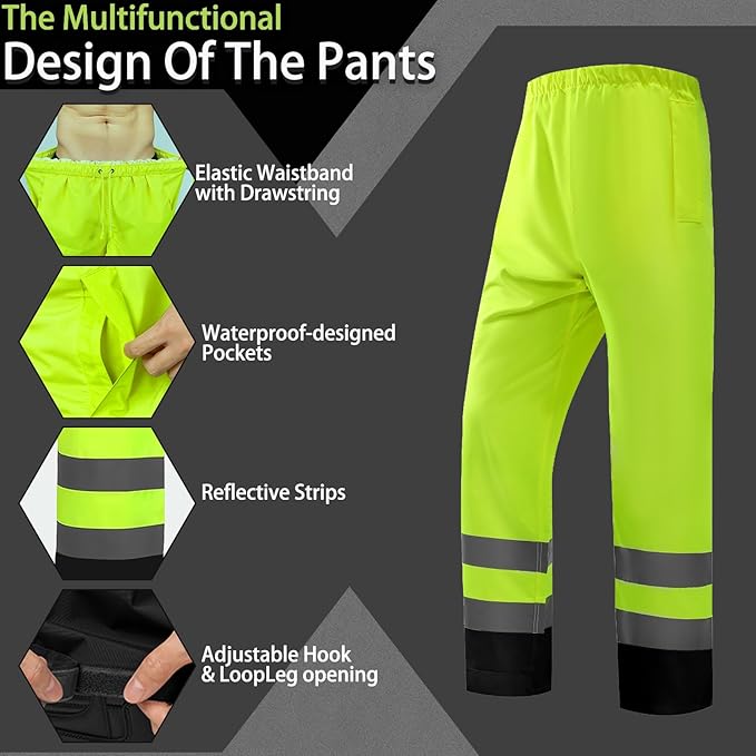 Hi Vis Class 3 Safety Rain Jacket for Men Waterproof, Reflective High Visibility Rain Gear Construction Rain Suit (Yellow-Black L/XL)