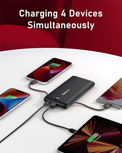 Portable Charger Power Bank Built in Cables and Wall Plug, 10000mAh iPhone Battery Pack Fast Charging, USB C External Slim Power Bank, Travel Essentials Compatible with iPhone 17 16 15 14 iPad, Black