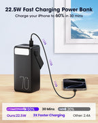 Portable Charger 70000mAh Power Bank, 22.5W Fast Charging USB C Battery Pack, 3 Outputs, LED Display, LED Light, External Cell Phone Huge Capacity Battery Bank for iPhone, Samsung, iPad, Camping