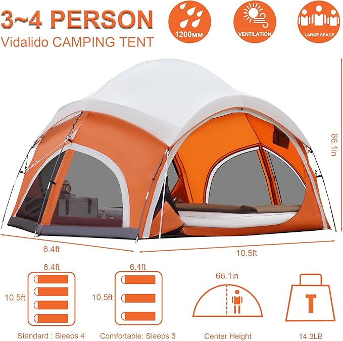 Vidalido 3-4 Person Camping Tent with 2 Large Mesh Door 4 Mesh Window Family Tents, Double Layer Waterproof Portable Easy Setup Camp Tent, Canvas Dome Tents for Camping Outdoor Hiking and Backpacking