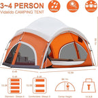Vidalido 3-4 Person Camping Tent with 2 Large Mesh Door 4 Mesh Window Family Tents, Double Layer Waterproof Portable Easy Setup Camp Tent, Canvas Dome Tents for Camping Outdoor Hiking and Backpacking