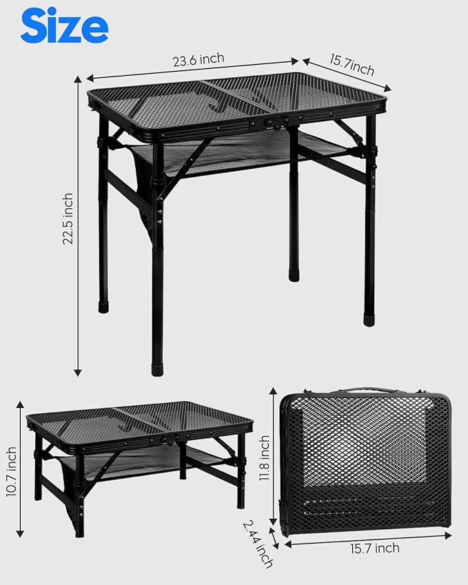 MSDADA Folding Grill Table, Height Adjustable Aluminum Table with Mesh Desktop and Mesh Bag, Portable Grill Table for Outdoor Camping, Picnic, Patio, Dining, BBQ, Party, Black, 23.6×15.7 inch