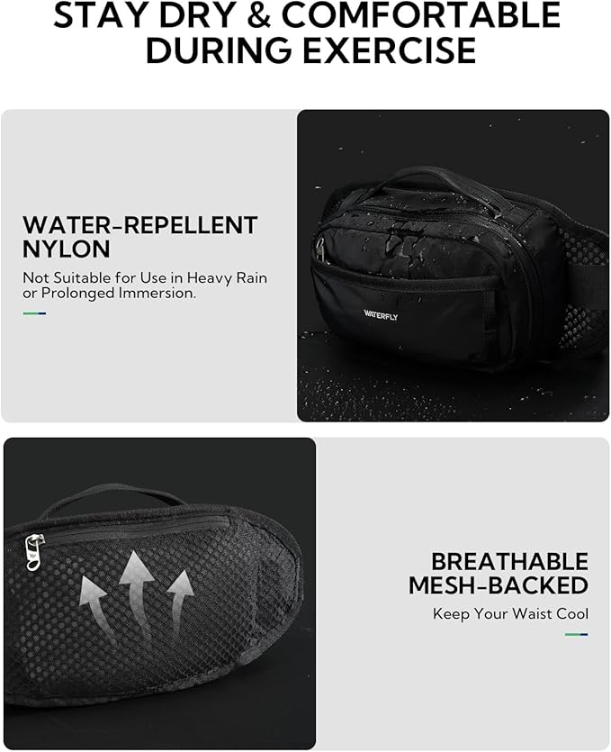 WATERFLY Fanny Pack Waist Bag: Large RFID Blocking Crossbody Bags with Multi-Pockets, Breathable Casual Anti-Theft Hip Pouch for Women Men Traveling Walking Hiking-Black