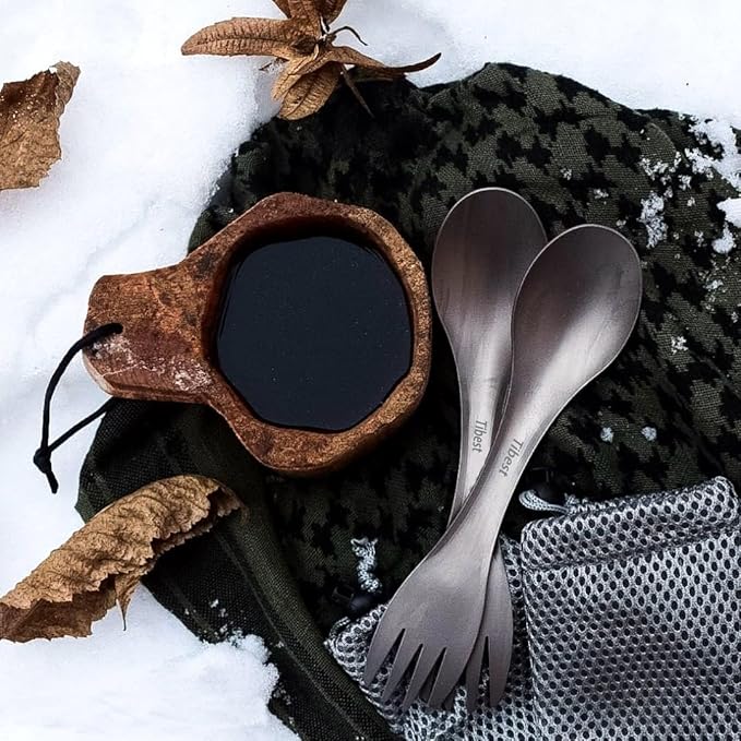 2 in 1 Titanium Spoon and Fork Combo Backpacking Utensils Lightweight Eco-Friendly Spork for Camping Backpacking Hiking Travel etc (2 Pack)