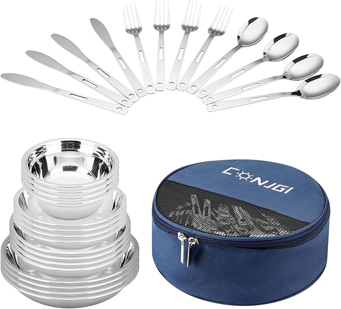 Camping Mess Kits - 28pcs Camping Dinnerware Set Camping Gifts Camping cookware Sets Camping Accessories Camping Cooking Utensils Set Bowls, Plates, Knives, Forks, Spoons