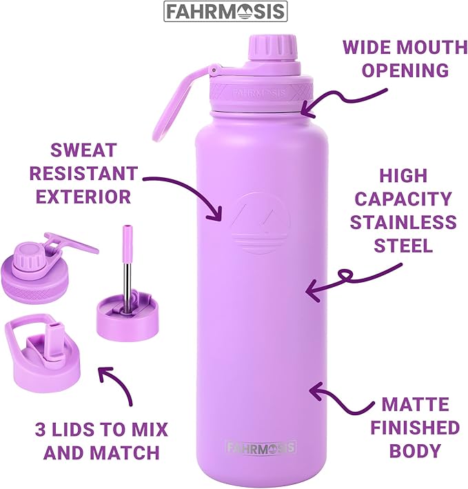 40 Oz Water Bottle with Straw Stainless Steel Sports Water Bottle with 3 Lids (Straw, Chug and Flip Lid) Insulated Leak Proof Metal Jug for Men & Women - Lavender