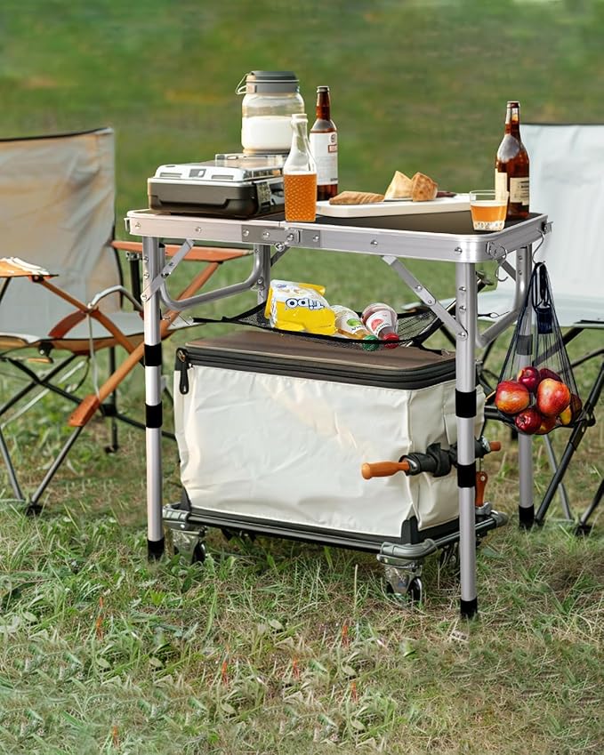 Sportneer Camping Table: Adjustable Height Small Folding Table 23.6" L x 15.7" W 4 Height with Mesh Layer - Compact & Portable Camping Essentials for Outdoor Camp Garden Picnic BBQ Dining Cooking