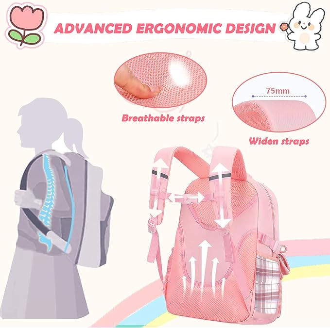 PRLINJSK Girls Backpack，Cute School Backpack for Girls Kids Teens，Kawaii Bookbag for Primary Elementary，White