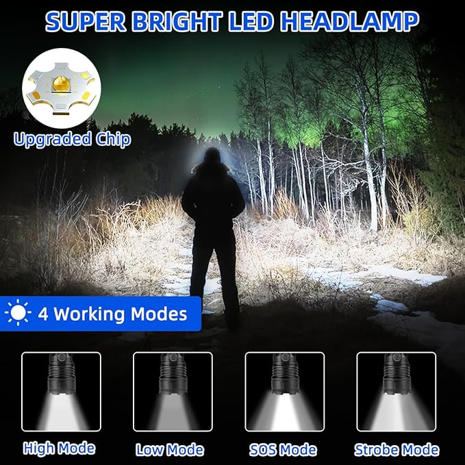 High Lumen Rechargeable Headlamp, Super Bright Head Lamp, 90°Angle Head Lights for Forehead, Adjustable Focus Headlight, 4Mode LED Headlamp Rechargeable, Headlamps for Adults Hard Hat Hiking (4Pack)