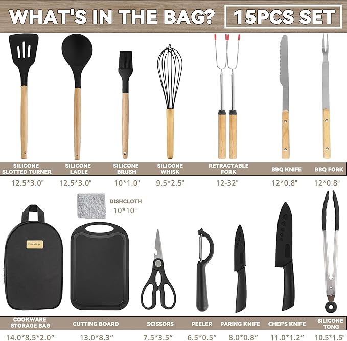 Camping Accessories Kitchen Cooking Utensils Set - Portable Outdoor Camp Cookware Set, Silicone Camper Essentials Gear Must Have Supplies for Travel RV BBQ Grill Picnic Hiking